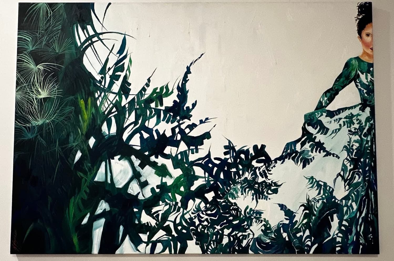 A painting of a woman whose botanical dress dissolves into ferns and leaves against an open white ground.